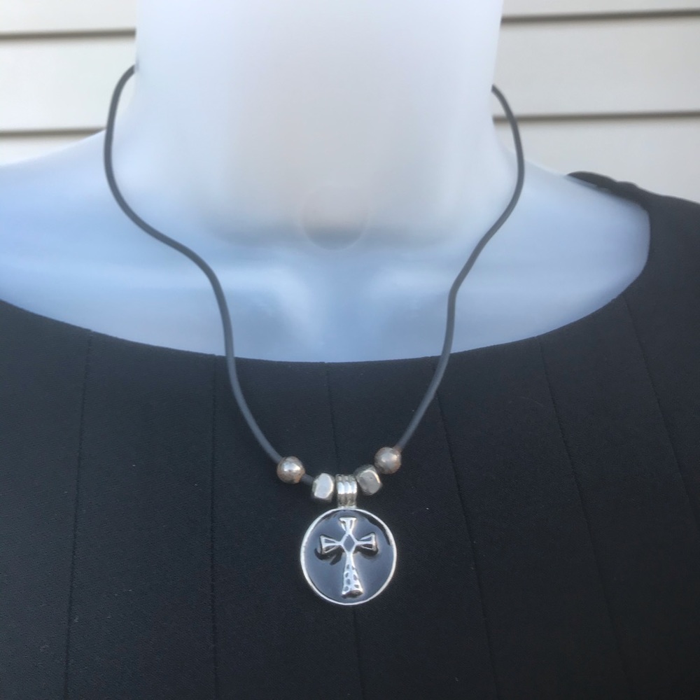 NWOT Black leather string necklace w/cross pendant, 16” length